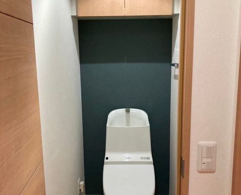 シックモダンで高級感溢れるアクセントクロスが映えるトイレ空間