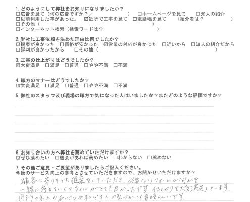 世田谷区のG様から頂いたリフォーム後アンケート