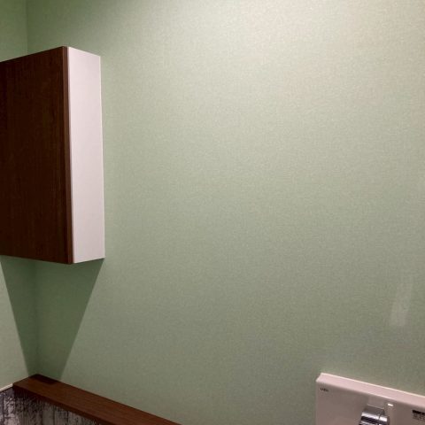 東京都大田区O様邸｜トイレ壁紙リフォーム前の様子。淡いグリーン系クロスと木目カウンターで構成された施工前の内装全景。
