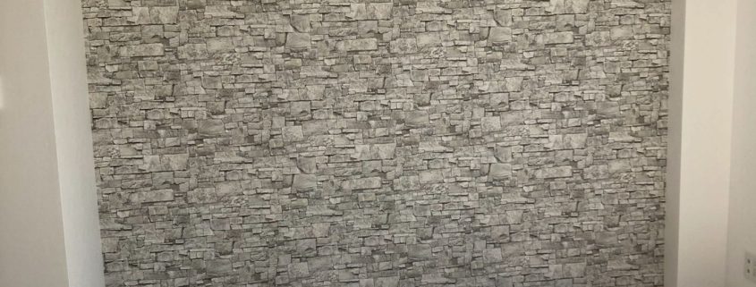 東京都大田区S様邸 リビング内装リフォーム施工後 アッシュホワイトフローリングと石目調アクセントクロス施工