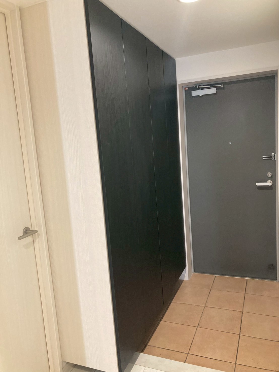 東京都大田区S様邸 玄関収納施工後 ダークブラウンのシューズボックスと玄関ドア